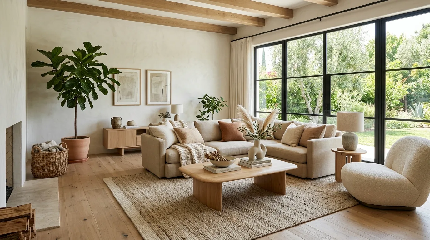 Natural organic modern living room styled as a calm gathering space.